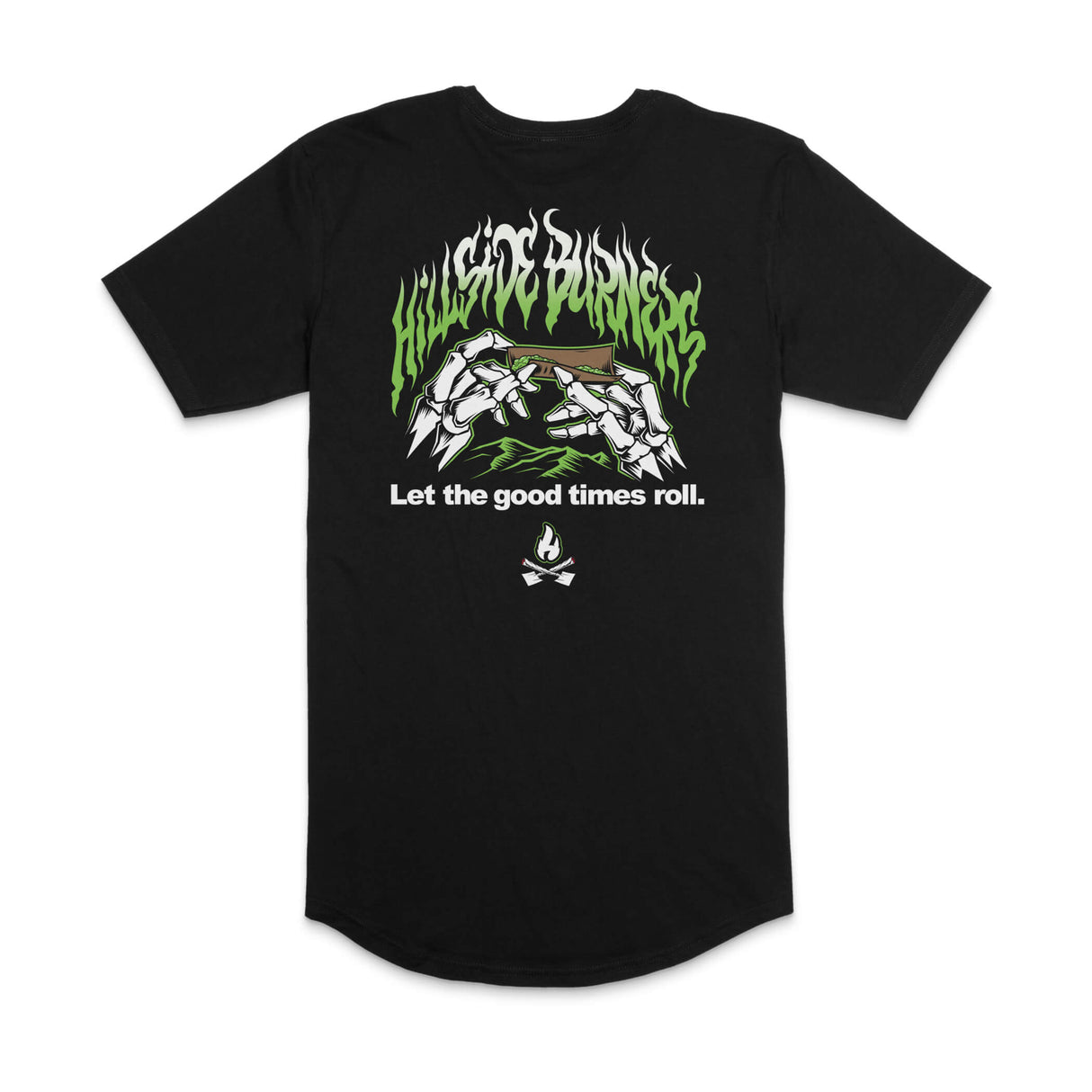 Black long T-shirt front with green flame band, illustrated hands, and 'Let the good times roll'