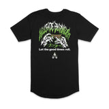 Black long T-shirt front with green flame band, illustrated hands, and 'Let the good times roll'