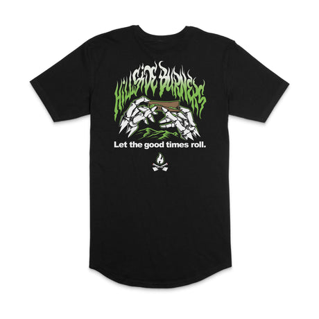 Black long T-shirt front with green flame band, illustrated hands, and 'Let the good times roll'