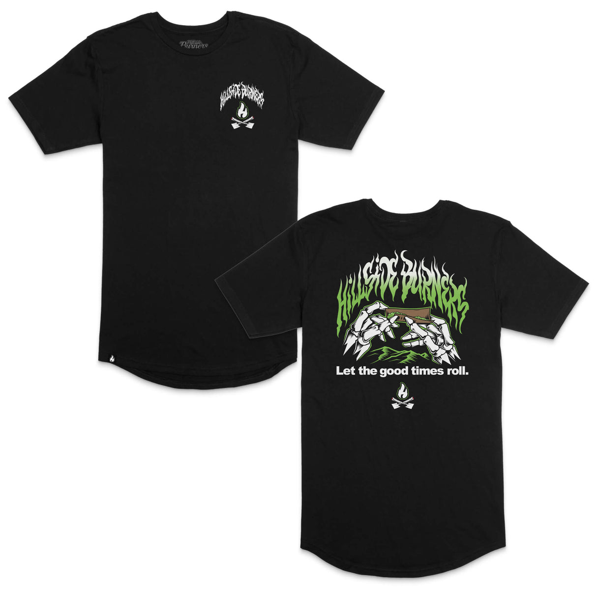 Black graphic T-shirt with neon green fire banner and “Let the good times roll” print