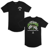 Black graphic T-shirt with neon green fire banner and “Let the good times roll” print