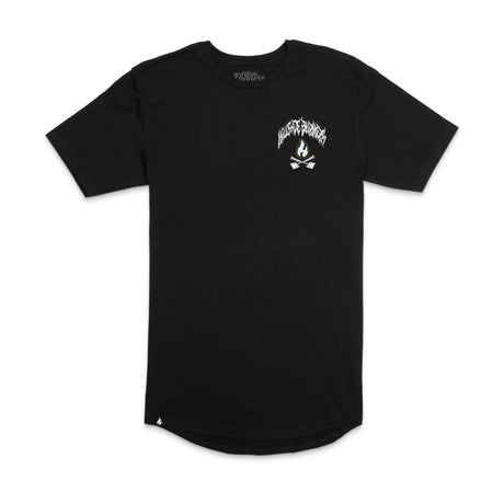 Black short-sleeve T-shirt with small white flame logo on chest