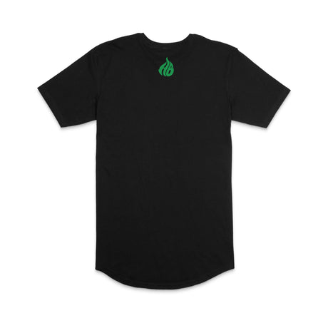 Black Hillside Burners T-shirt with small green flame-style logo emblem on upper chest