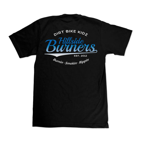 Black crew-neck T-shirt with large back graphic: Hillside Burners and Dirt Bike Kidz