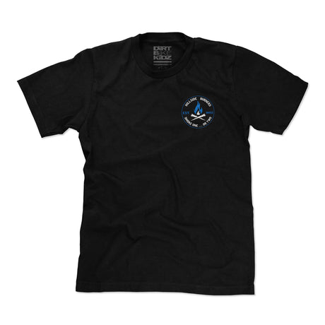 Black crew-neck T-shirt with small round front logo patch