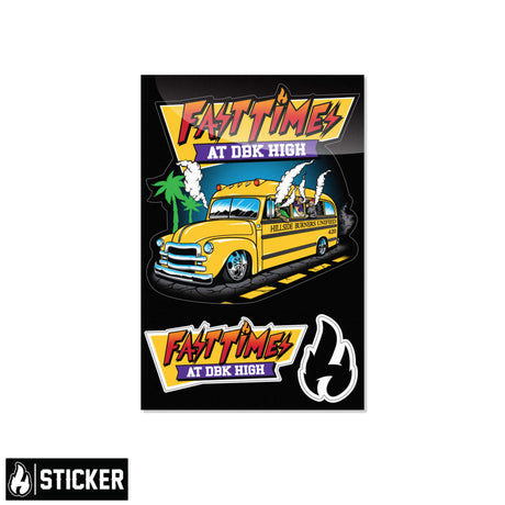 Fast Times sticker pack with yellow hot rod, smoke and flame decals
