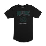 Black varsity tee with green “Burners California” front graphic