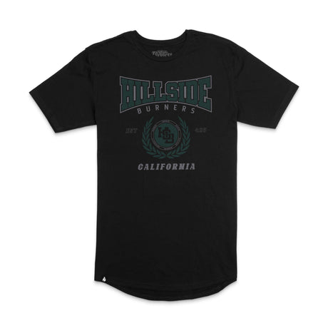 Black varsity tee with green “Burners California” front graphic