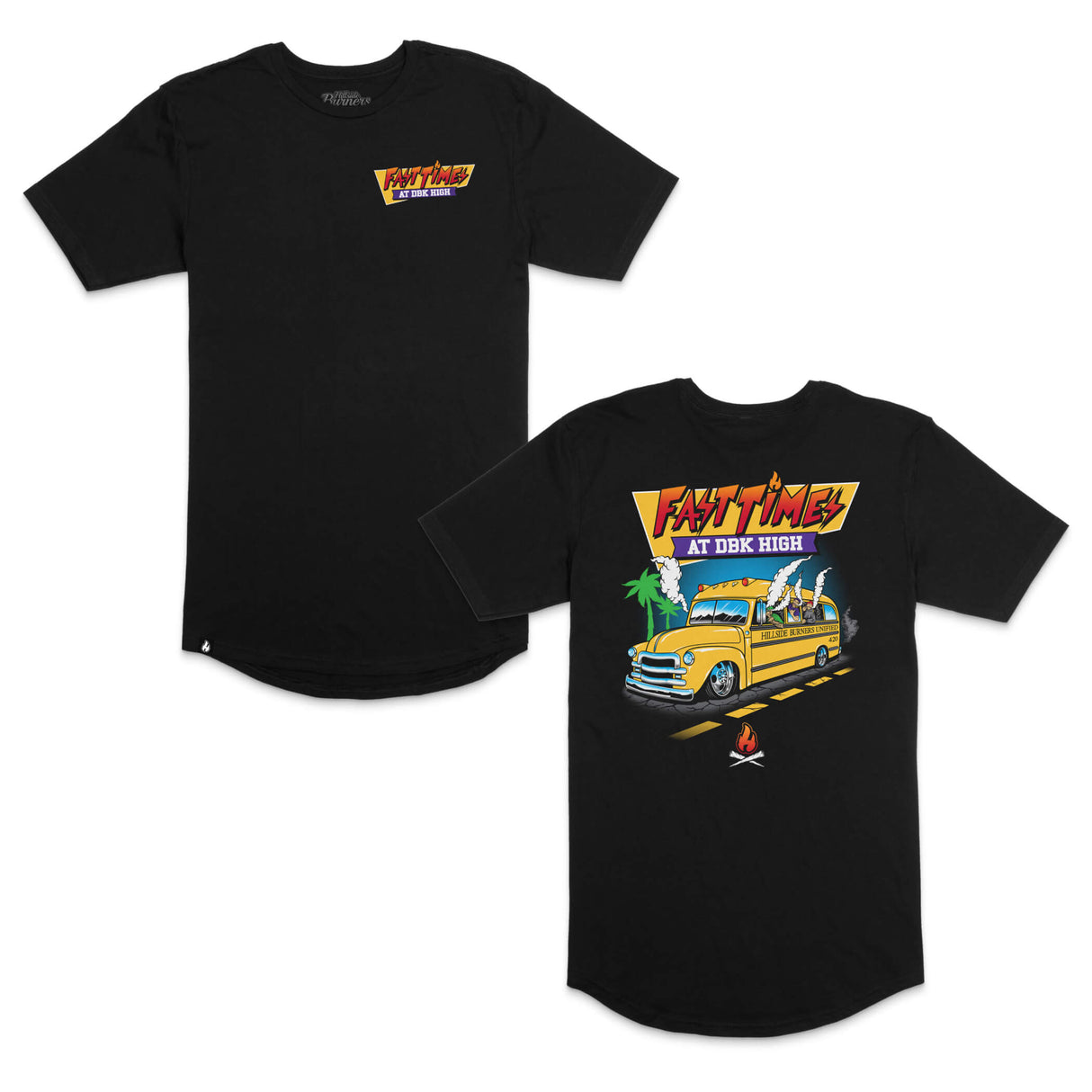 Black Fast Times graphic T-shirt, front and back views shown, crew neck short sleeves