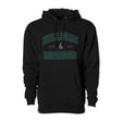 Black varsity hoodie with green screen-print logo and front pouch pocket