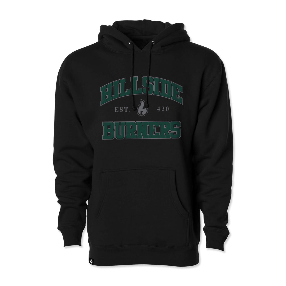 Black varsity hoodie with green screen-print logo and front pouch pocket