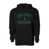 Black varsity hoodie with green screen-print logo and front pouch pocket