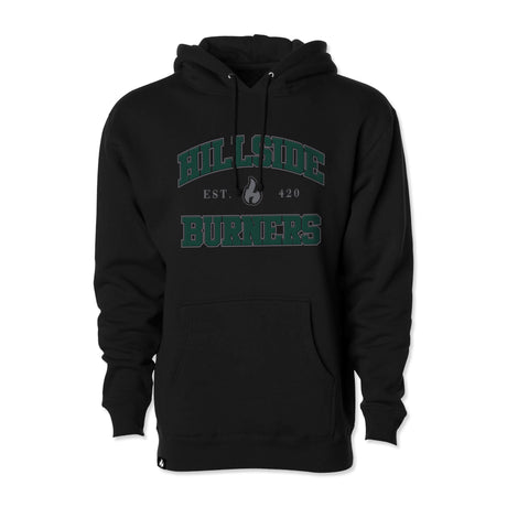 Hillside Burners varsity hoodie in black with green 'Burners' graphic and front pocket