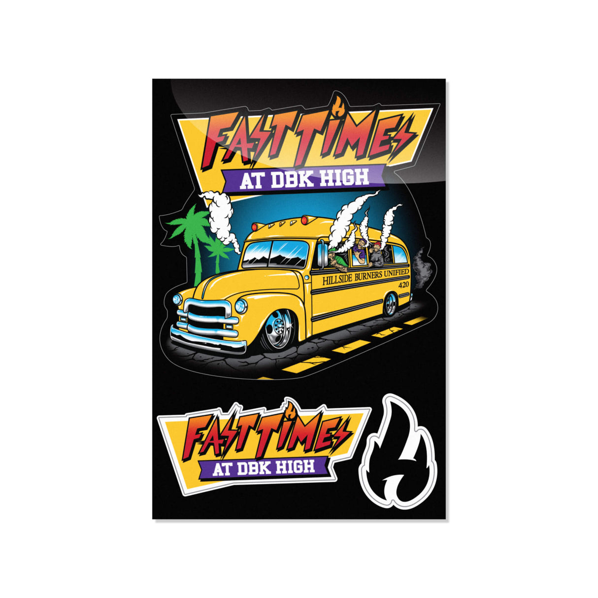 Sticker pack with yellow hot rod, Fast Time badges and flame outline logo