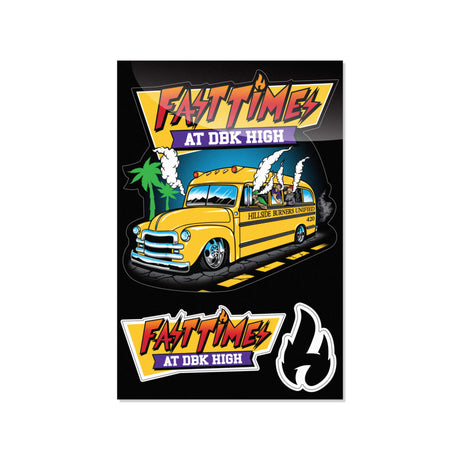 Sticker pack with yellow hot rod, Fast Time badges and flame outline logo