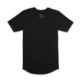 Black short-sleeve varsity tee with small green crest logo on front