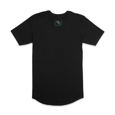 Black short-sleeve varsity tee with small green crest logo on front