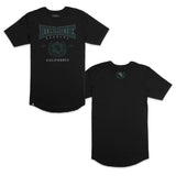 Black varsity tee set: front and back views with small green crest