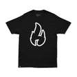Black flame graphic t-shirt with large white flame logo on the chest.