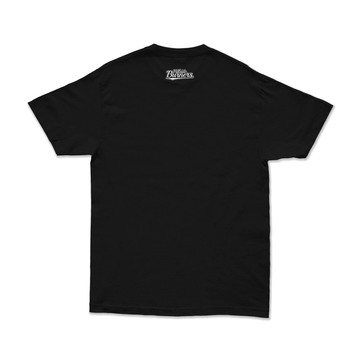 Black back of t-shirt with small Hillside Burners logo at the upper back.