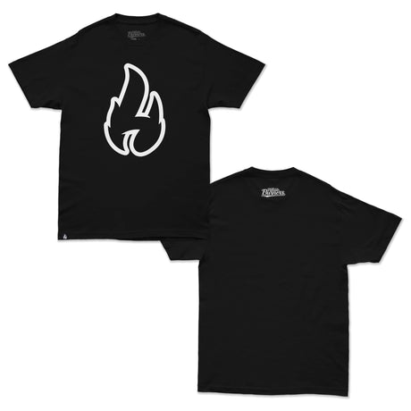 Black flame logo t-shirt set: front with white flame print, back with small Hillside Burners logo.