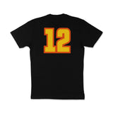 Black T-shirt back with large orange-and-gold number '12' graphic.