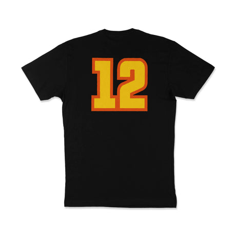 Black T-shirt back with large orange-and-gold number '12' graphic.