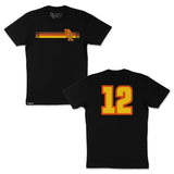 Black T-shirt: front shows small logo stripe; back shows large orange '12'.