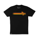 Black T-shirt with horizontal gold-orange logo stripe on the chest.