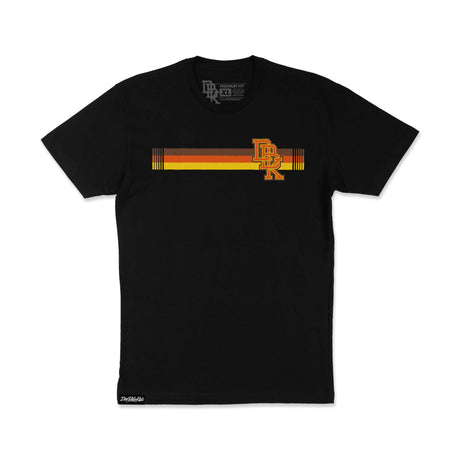 Black T-shirt with horizontal gold-orange logo stripe on the chest.