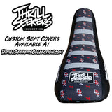 Thirllseekersecollection custom seat cover for dirt bike, dark navy with red logos