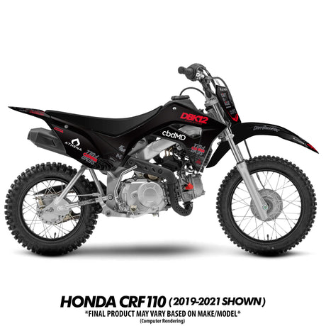 Pit bike DBK12 Twitch Edition negra y roja vista lateral; neumáticos de tacos y escape