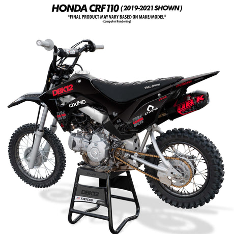 DBK12 Twitch Edition pit bike negra y roja con soporte; ruedas de tacos y gráfico lateral