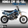 Motocross dirt bike decal kit on blue, white, and black bike with front and side graphics