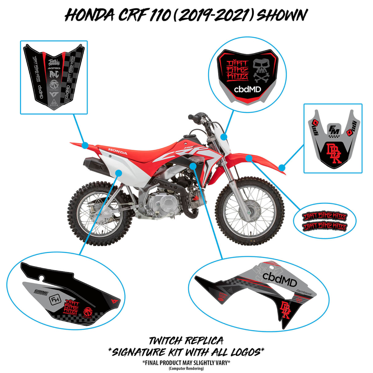 Dirt bike graphics placement diagram with side plates and fender decals in black and red
