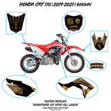 Honda CRF 110/50 Twitch Edition bike decal placement map with tan graphics callouts