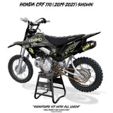 Honda CRF 110/50 graphics kit on black dirt bike with yellow side panel logos