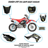 Honda CRF 110/50 decal kit shown on a red dirt bike diagram with highlighted panel parts