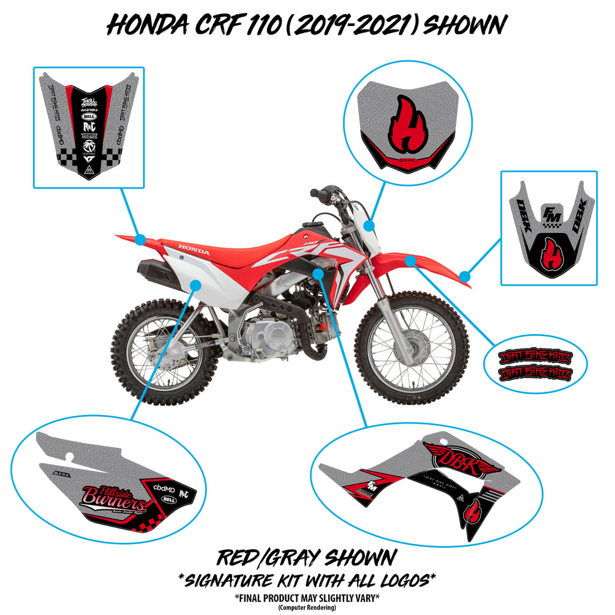 Motorcycle side panel kit in gray and red with black-and-red flame graphic