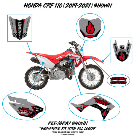 Motorcycle side panel kit in gray and red with black-and-red flame graphic