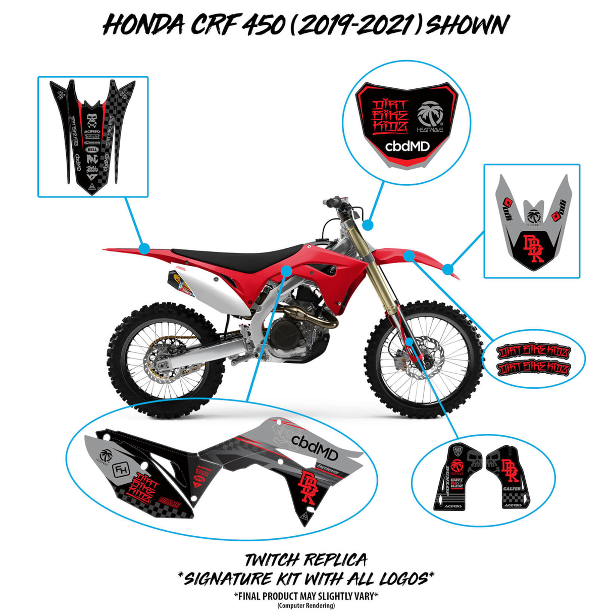 CRF450 graphic kit placement diagram showing red-and-black side panels, fork, and number plate
