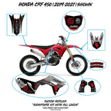 CRF450 graphic kit placement diagram showing red-and-black side panels, fork, and number plate