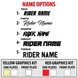 Dirt bike graphics name option styles showing five rider name typography designs