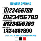 Race number options for decal kit, available in white, black, and red front