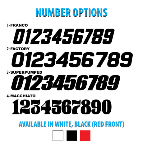Race number options for decal kit, available in white, black, and red front