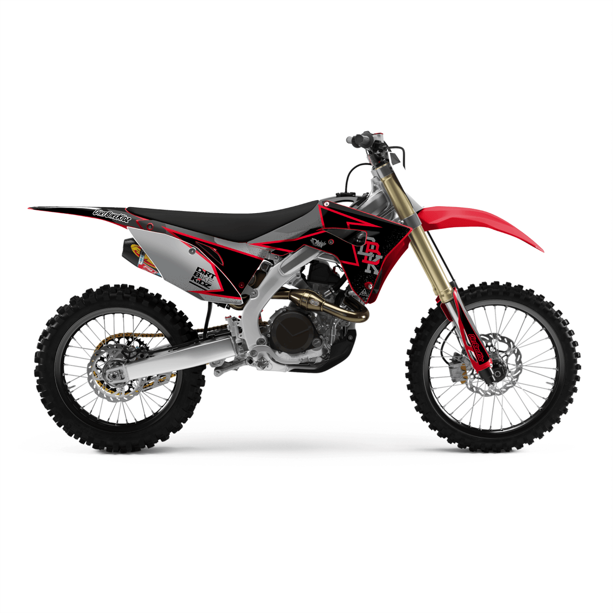 Off-road motorcycle graphic kit on black and red bike, gold fork, white wheels