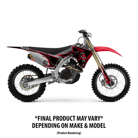 Off-road motorcycle graphic kit side view with black and red graphics and white wheels