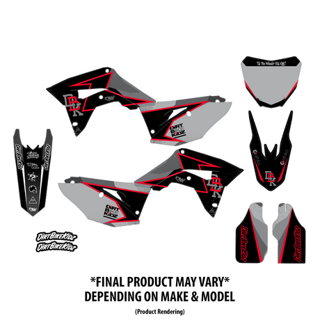Motorcycle graphic decal set in black, red, and gray, with front plate and side panels