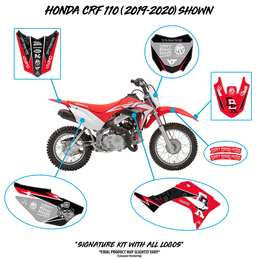 Honda CRF 110/50 signature kit bike with part callouts on red, white, and black