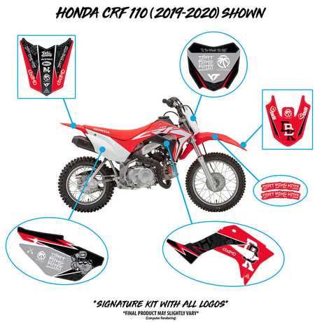Honda CRF 110/50 signature kit bike with part callouts on red, white, and black
